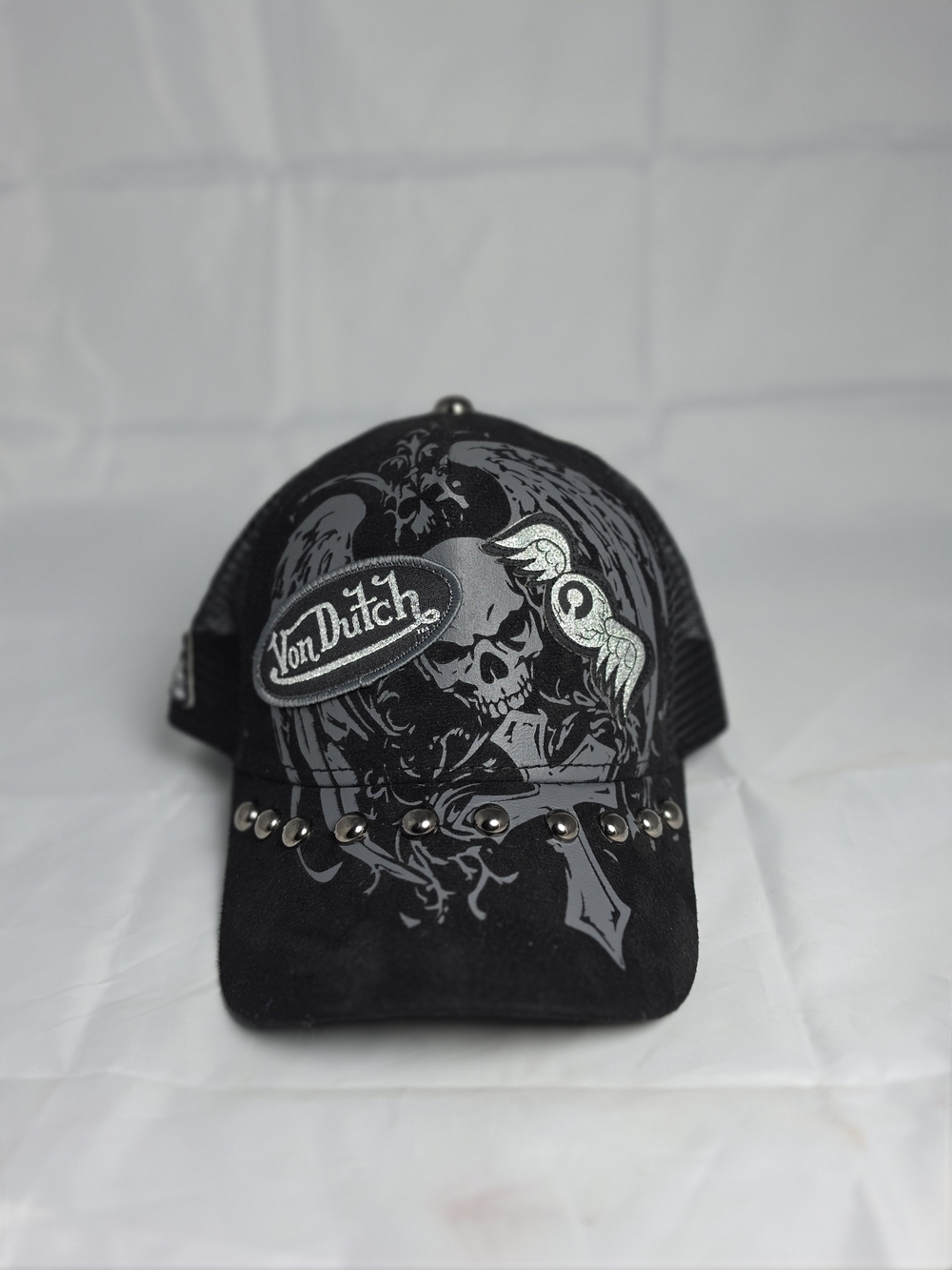 Von Dutch Skull Wings Studded Black Suede Trucker Hat
